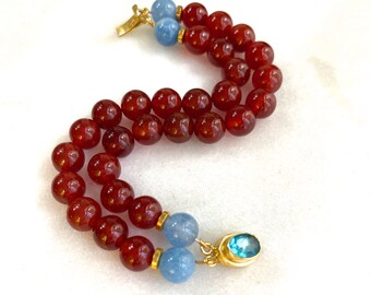 Carnelian Double Strand, Aquamarine, 22kg Vermeil Bracelet...