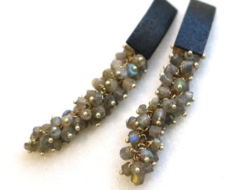 Phenomenal Labradorite 4 inch Blue Fire Cluster Earrings with Black ...