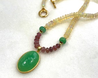 Ethiopian Opal Necklace, Chrysoprase Pendant, Pink Sapphire Necklace in Gold...