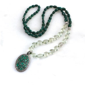 Diamond and Emerald Pendant Necklace with Prasiolite in Sterling Silver
