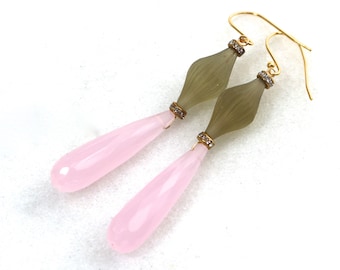 Long Pink Chalcedony, Unique Carved Prasiolite Drop, Diamond Embellished Earrings in Gold Fill...