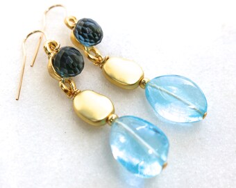 Topacio azul pulido, topacio azul londinense, Vermeil, pendientes de gancho de relleno dorado...