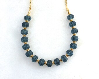 London Blue Topaz Necklace, Melon Cut Focal Necklace in Gold Vermeil