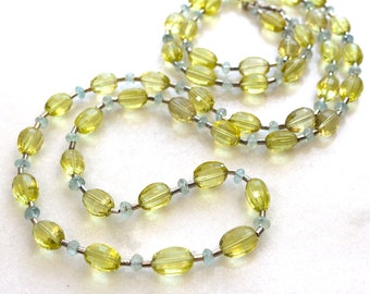 Lemon Oro Verde Quartz, Blue Aquamarine Necklace, Extra Long 40" Length in Silver...