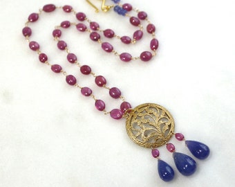 Large Tanzanite Focal Pendant with Pink Sapphire and Handmade 22k Gold Vermeil ...