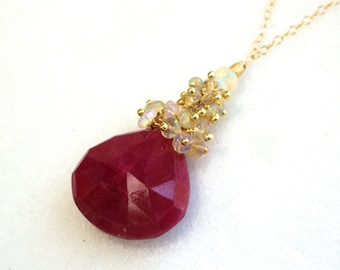 AAA RUBY Pendant Neckjlace, Ethiopian Opal Necklace, 14k Gold Fill