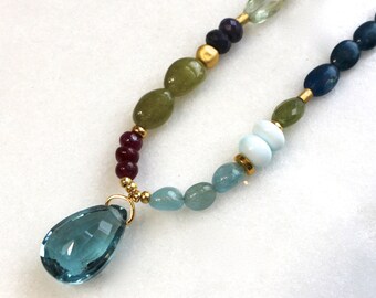 Large Aqua Blue Topaz Pendant Necklace, Multi Gemstone Pendant Necklace in Gold Vermeil