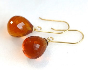 Plump Cognac Quartz Radiant Drop Earrings in Gold Vermeil...