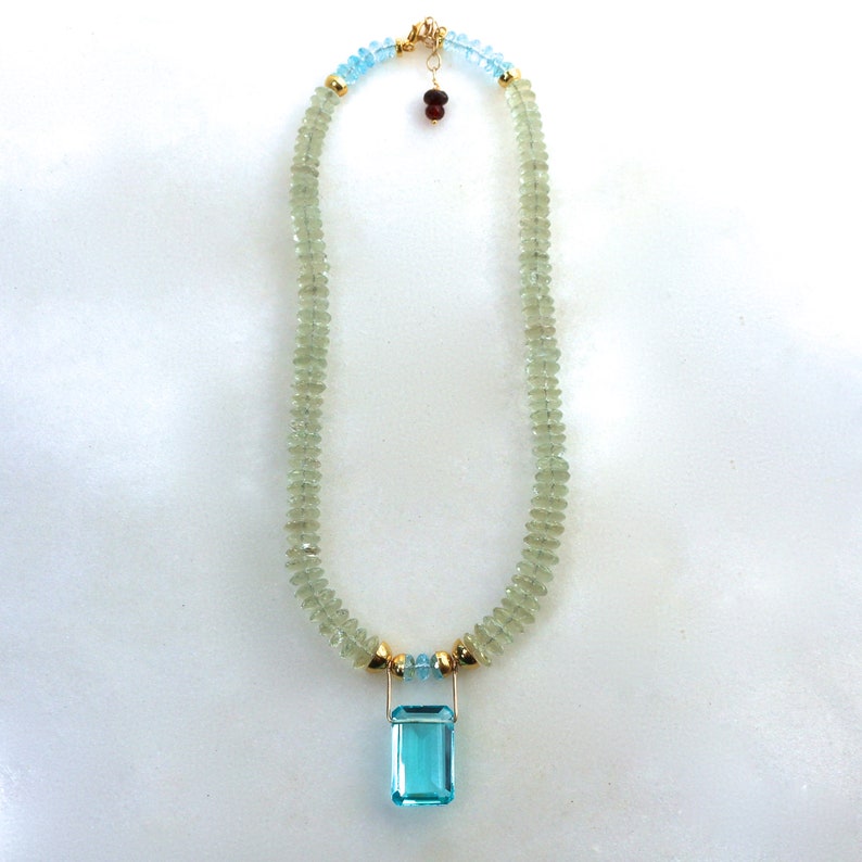 Unique Blue Topaz Pendant Necklace, Prasiolite Statement Necklace, 22k Gold Vermeil image 4