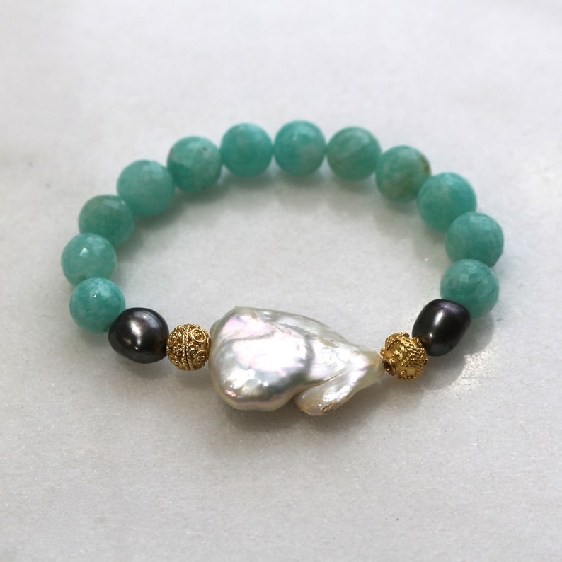Little Luxe Simple Stacking Stretch Bracelet in Baroque Pearl and Amazonite...