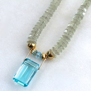 Unique Blue Topaz Pendant Necklace, Prasiolite Statement Necklace, 22k Gold Vermeil image 7