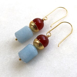 The Modern Drop Earring in Carnelian and Aquamarine in Gold Vermeil...
