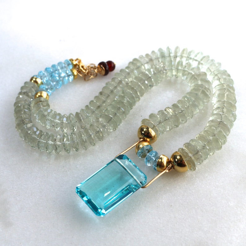 Unique Blue Topaz Pendant Necklace, Prasiolite Statement Necklace, 22k Gold Vermeil image 10