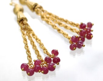 Polished Pink Sapphire, 22k Gold Vermeil Tassel Earrings...