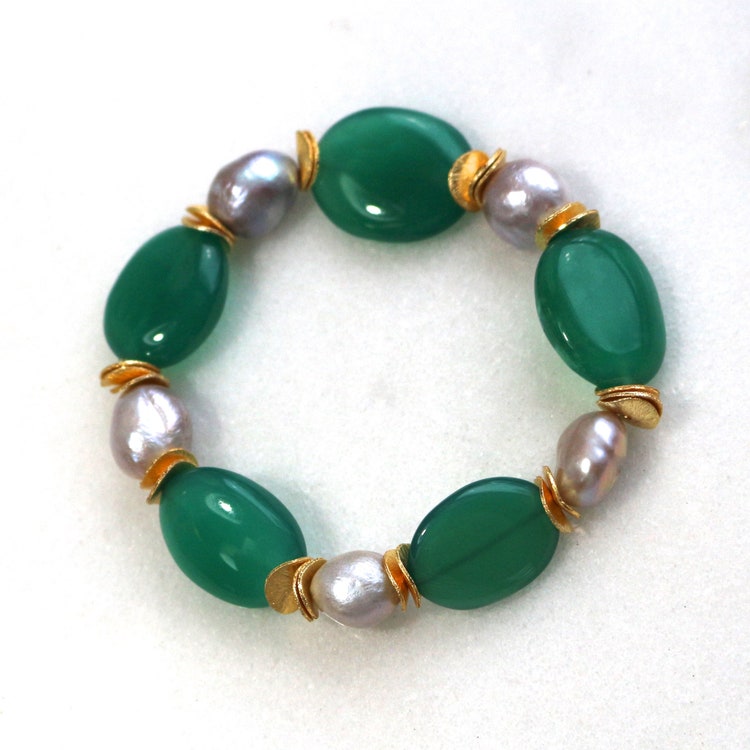 Bracciale elastico agata verde, bracciale perla d'acqua dolce argentata