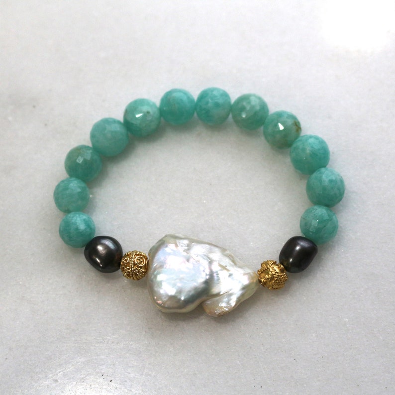Little Luxe Simple Stacking Stretch Bracelet in Baroque Pearl and Amazonite...