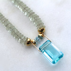 Unique Blue Topaz Pendant Necklace, Prasiolite Statement Necklace, 22k Gold Vermeil image 3