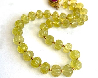 Oro Verde Lemon Quartz Necklace, Very Fine Melon Carved, Gold Fill Necklace with Ruby Box Clasp...