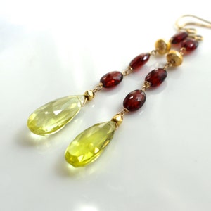 AAA Lemon Quartz, Garnet, 22kg Vermeil Long and Lean Focal Earrings...