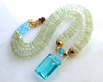 Unique Blue Topaz Pendant Necklace, Prasiolite Statement Necklace, 22k Gold Vermeil