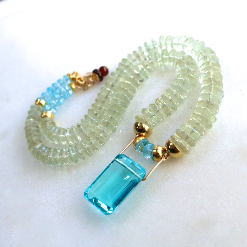 Unique Blue Topaz Pendant Necklace, Prasiolite Statement Necklace, 22k Gold Vermeil image 1