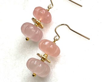 Morganite Carved Melon Drop Earring in Gold Fill....