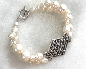 Luminous Freshwater Pearl Double Strand Cluster Bracelet with Vintage Silver Filigree