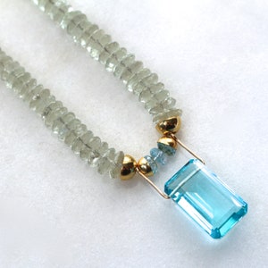 Unique Blue Topaz Pendant Necklace, Prasiolite Statement Necklace, 22k Gold Vermeil image 9