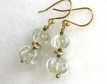 Prasiolite Carved Melon Drop Earring in Gold Fill....