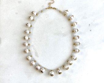 Modern Pearl and Moonstone Necklace, Baroque and Freshwater Pearls in 14k Gold Fill