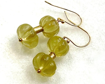 Oro Verde Lemon Quartz Carved Melon Drop Earring in Gold Fill....