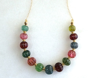 Spectacular Tourmaline Melon Carved AAA Gemstone Necklace in 14k Gold Fill...