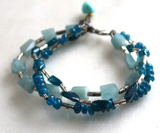 Apatite, Aquamarine Multi Strand Bracelet in Silver