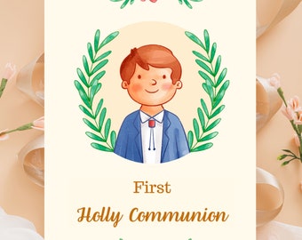 First Holly Communion Greeting Card Prayer Card Template | Hand Drawn First Communion | First Communion Brown Hair Boy Illustration