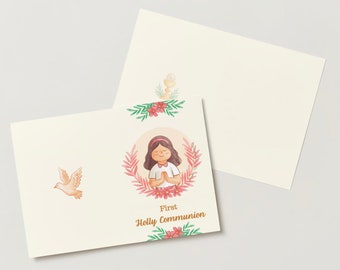 Erstkommunion Grußkarte | Erste Stechpalme Kommunion | Gebetskarte Vorlage | Hand gezeichnete Erstkommunion | Erste Kommunion Mädchen Illustration