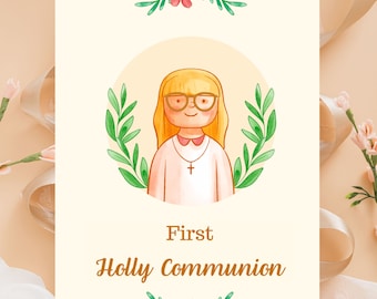 First Holly Communion Greeting Card Prayer Card Template | Hand Drawn First Communion | First Communion Blond Hair Girl Glass Illustration