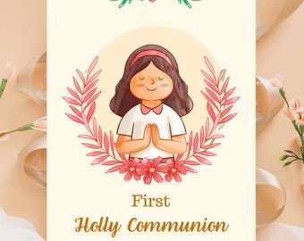 Erste Holly Kommunion Grußkarte Gebetskarte Vorlage | Hand gezeichnete Erstkommunion | Erste Kommunion Braune Haare Mädchen Illustration