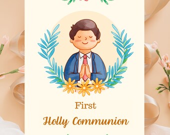 Erste Holly Kommunion Grußkarte Gebetskarte Vorlage | Hand gezeichnete Erstkommunion | Erste Kommunion schwarze Haare Junge Illustration