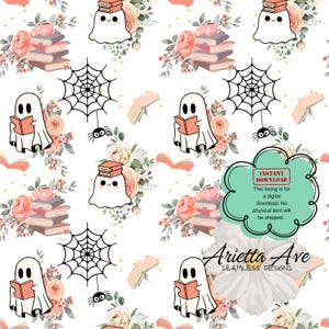 Library Ghost Floral Books Halloween Seamless Repeating Digital Pattern - Print on Demand, Commercial Use, Digital File, Instant Download