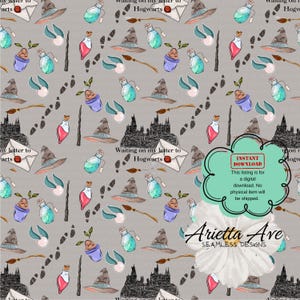 Carta de Hogwarts cinza de Harry Potter com padrão digital repetitivo contínuo - Impressão sob demanda, uso comercial, arquivo digital, download instantâneo