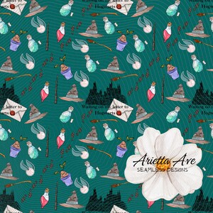 Patrón digital repetitivo sin costuras de la carta de Hogwarts de Harry Potter en verde azulado: impresión a pedido, uso comercial, archivo digital, descarga instantánea