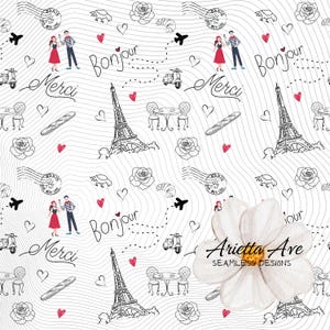 Weiß Paris Eiffelturm Herzen nahtlos wiederholendes digitales Muster - Print on Demand, kommerzielle Nutzung, digitale Datei, Instant Download