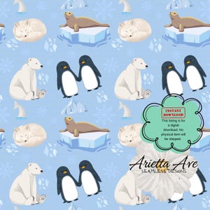 Padrão digital repetitivo sem emendas de animais árticos azuis-gelo, oceano glacial - impressão sob demanda, uso comercial, arquivo digital, download instantâneo