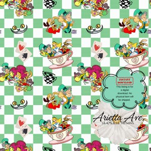 Classic Green Alice in Wonderland Seamless Repeating Digital Pattern - Print on Demand, Commercial Use, Digital File, Instant Download