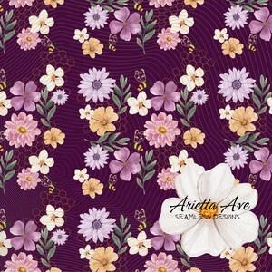 Purple Floral Honeycomb and Bee Seamless Repeating Digital Pattern - Print on Demand, Commercial Use, Digital File, Instant Download