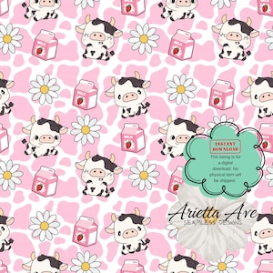 Pink Cow Strawberry Milk Seamless Repeating Digital Pattern - Print on Demand, Commercial Use, Digital File, Instant Download