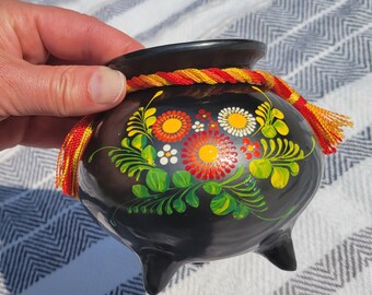 Vintage Folk Art Pottery, Footed Black Clay Pot, Juan