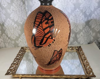 Sgraffito Redware Pottery Signed Modesto Salazar - vintage vase Nicaragua Folk Art Monarch Butterfly Texture Vase - Large 12.5"