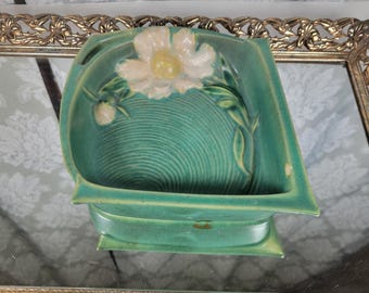 Vintage Roseville Pottery Peony Tray - Ashtray Nile Green w/White Yellow Flower
