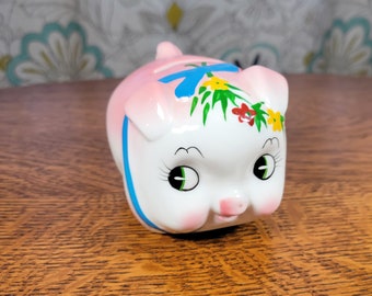 Ceramic Piggy Bank, Retro Kitschy Vintage, Wearing Flowers, Ribbon, Sweet Little Pig Bank, Side eye Piglet